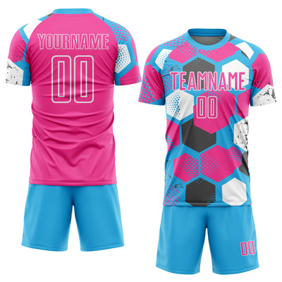 Custom Sky Blue Pink-White Geometric Shape Sublimation Soccer Uniform Jersey