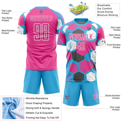 Custom Sky Blue Pink-White Geometric Shape Sublimation Soccer Uniform Jersey
