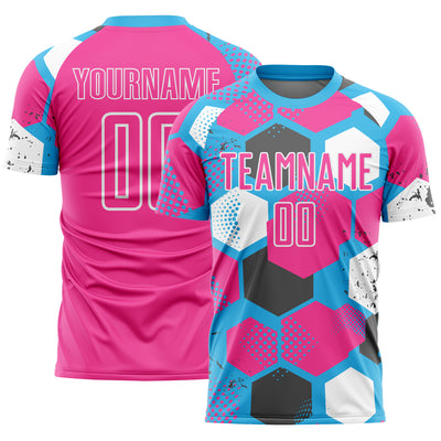 Custom Sky Blue Pink-White Geometric Shape Sublimation Soccer Uniform Jersey