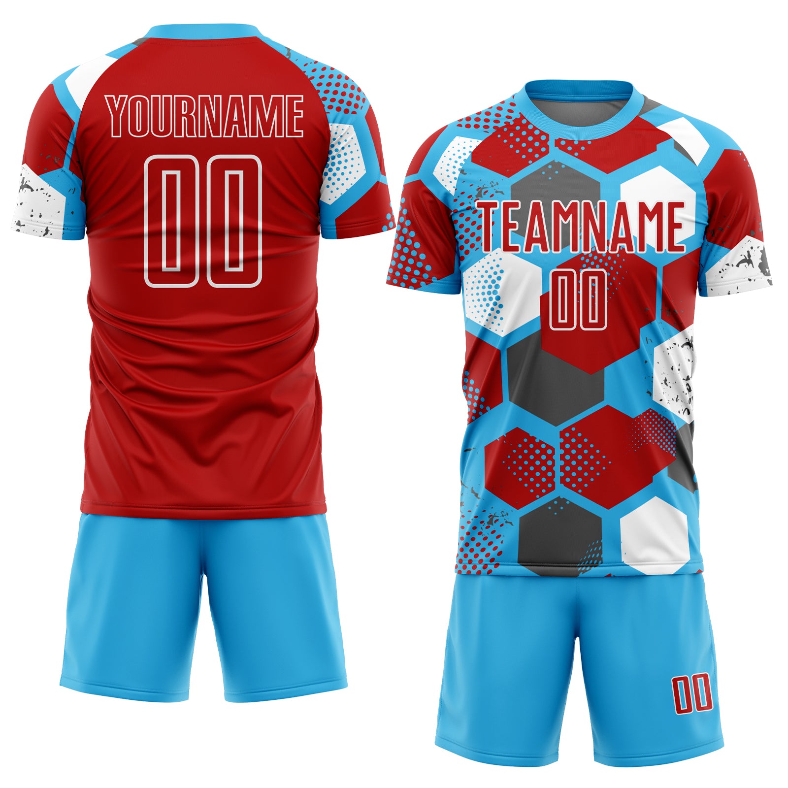 Custom Sky Blue Red-White Geometric Shape Sublimation Soccer Uniform Jersey