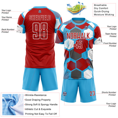 Custom Sky Blue Red-White Geometric Shape Sublimation Soccer Uniform Jersey