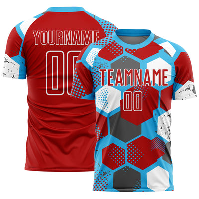 Custom Sky Blue Red-White Geometric Shape Sublimation Soccer Uniform Jersey