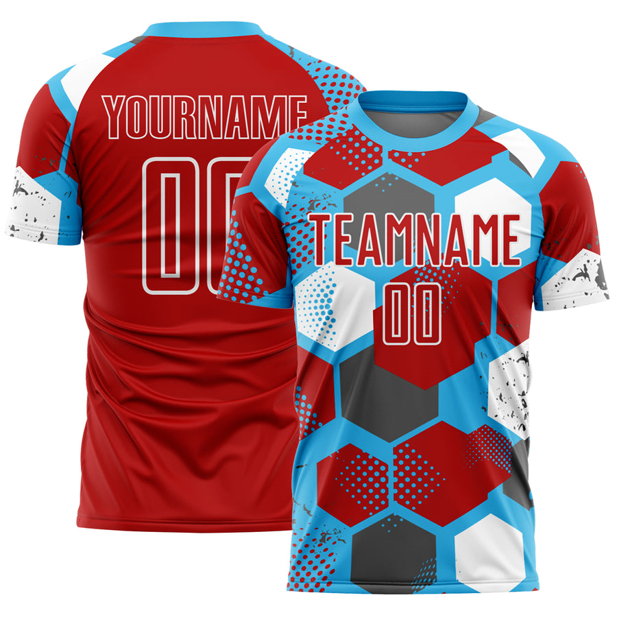 Custom Sky Blue Red-White Geometric Shape Sublimation Soccer Uniform Jersey