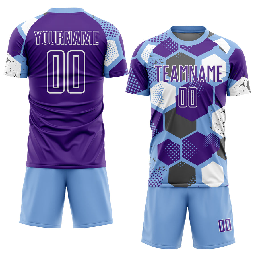 Custom Light Blue Purple-White Geometric Shape Sublimation Soccer Uniform Jersey