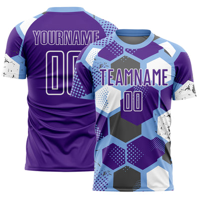 Custom Light Blue Purple-White Geometric Shape Sublimation Soccer Uniform Jersey