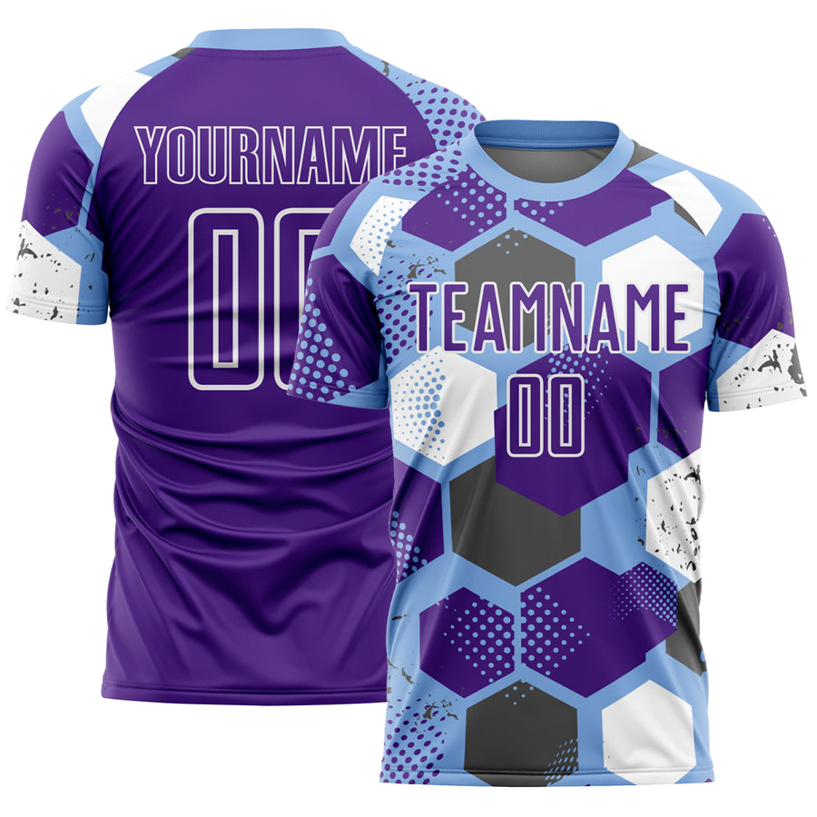 Custom Light Blue Purple-White Geometric Shape Sublimation Soccer Uniform Jersey