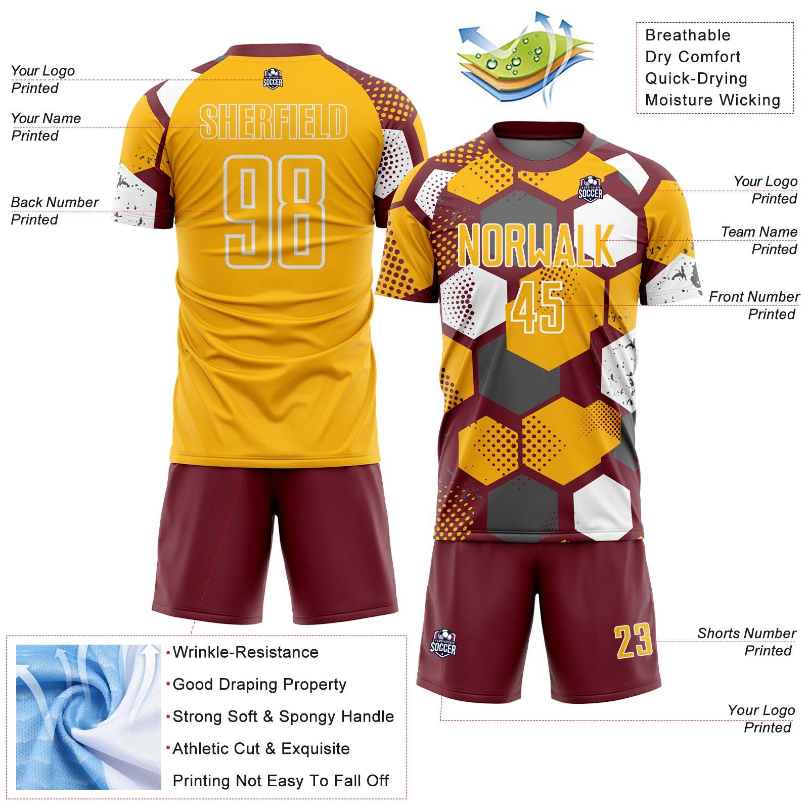 Custom Burgundy Gold-White Geometric Shape Sublimation Soccer Uniform Jersey