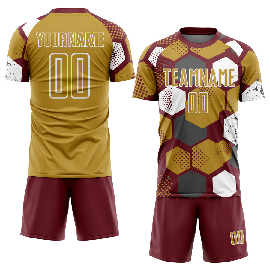 Custom Burgundy Old Gold-White Geometric Shape Sublimation Soccer Uniform Jersey