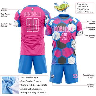 Custom Powder Blue Pink-White Geometric Shape Sublimation Soccer Uniform Jersey