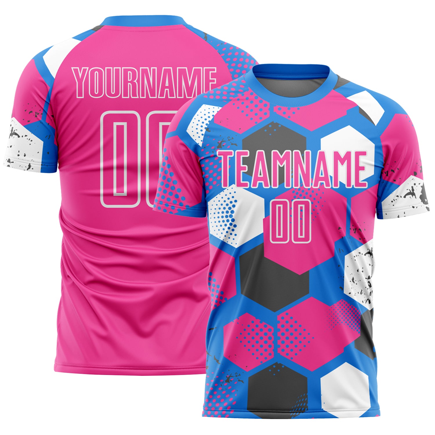Custom Powder Blue Pink-White Geometric Shape Sublimation Soccer Uniform Jersey