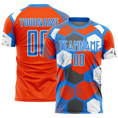 Custom Powder Blue Orange-White Geometric Shape Sublimation Soccer Uniform Jersey
