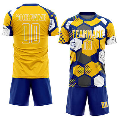 Custom Royal Yellow-White Geometric Shape Sublimation Soccer Uniform Jersey