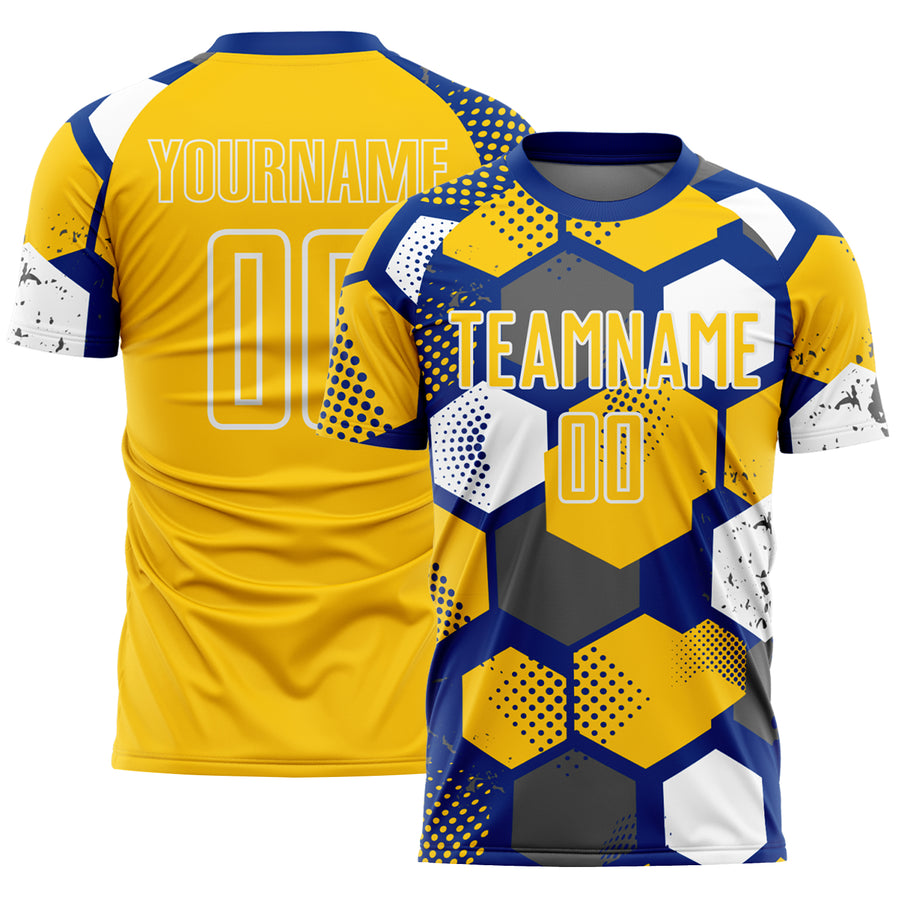 Custom Royal Yellow-White Geometric Shape Sublimation Soccer Uniform Jersey