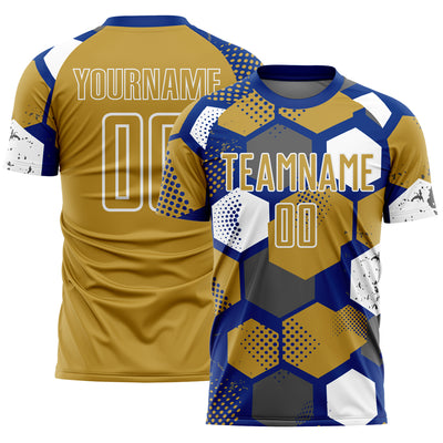 Custom Royal Old Gold-White Geometric Shape Sublimation Soccer Uniform Jersey