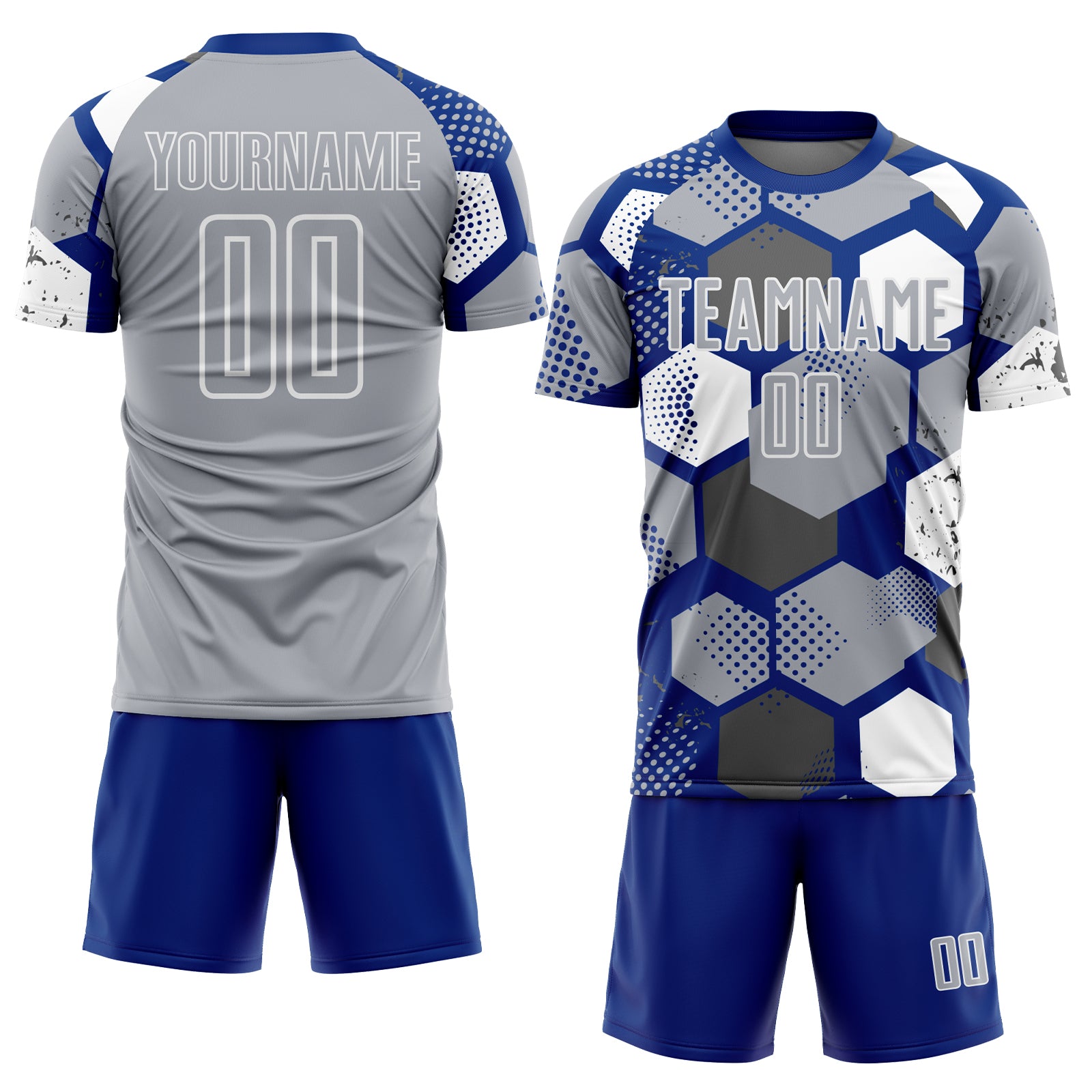 Custom Royal Gray-White Geometric Shape Sublimation Soccer Uniform Jersey