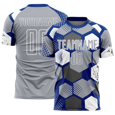 Custom Royal Gray-White Geometric Shape Sublimation Soccer Uniform Jersey