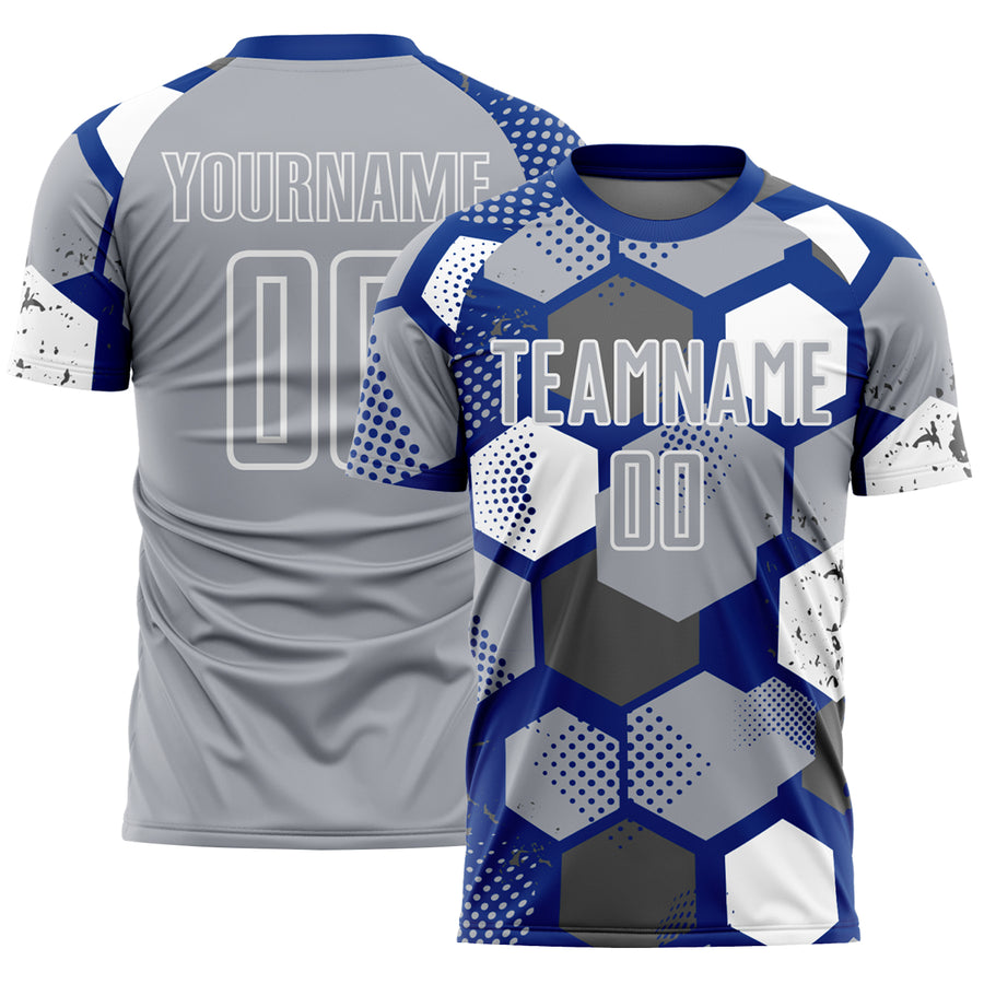 Custom Royal Gray-White Geometric Shape Sublimation Soccer Uniform Jersey
