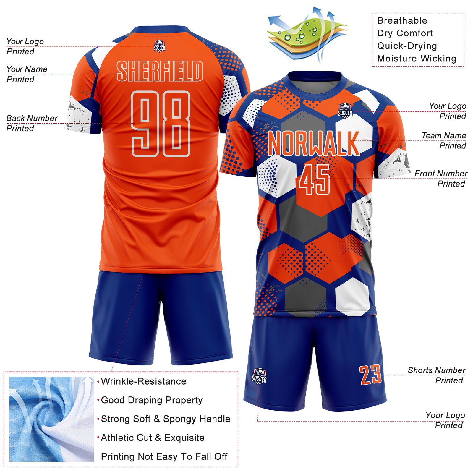 Custom Royal Orange-White Geometric Shape Sublimation Soccer Uniform Jersey