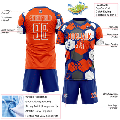 Custom Royal Orange-White Geometric Shape Sublimation Soccer Uniform Jersey