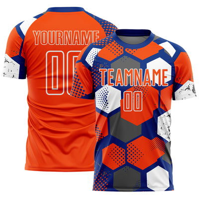 Custom Royal Orange-White Geometric Shape Sublimation Soccer Uniform Jersey