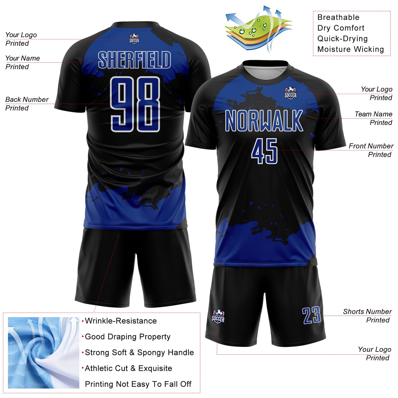Custom Black Royal-White Abstract Fragment Art Sublimation Soccer Uniform Jersey