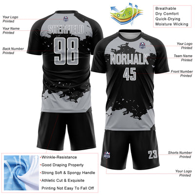 Custom Black Gray-White Abstract Fragment Art Sublimation Soccer Uniform Jersey