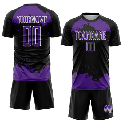 Custom Black Purple-White Abstract Fragment Art Sublimation Soccer Uniform Jersey