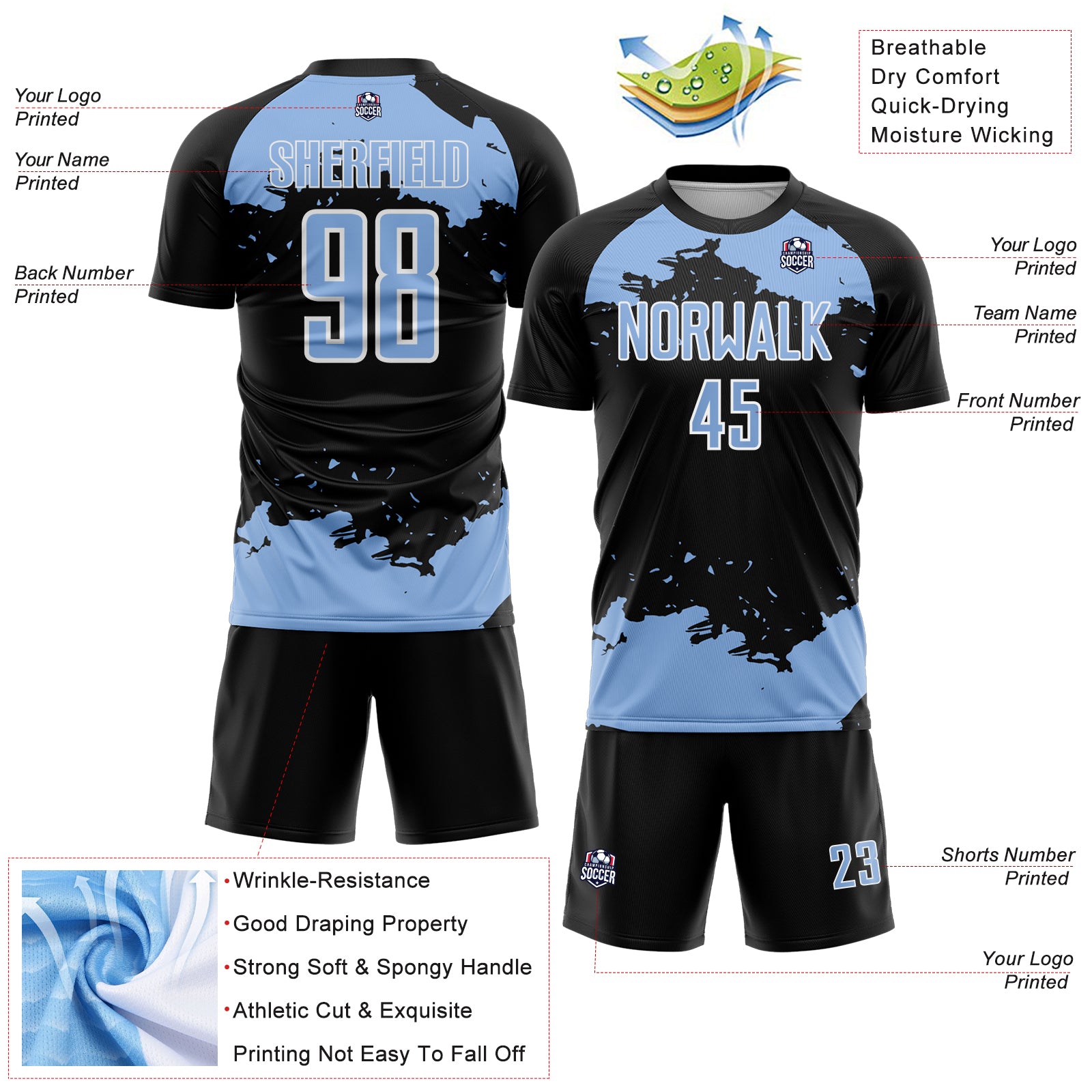 Custom Black Light Blue-White Abstract Fragment Art Sublimation Soccer Uniform Jersey
