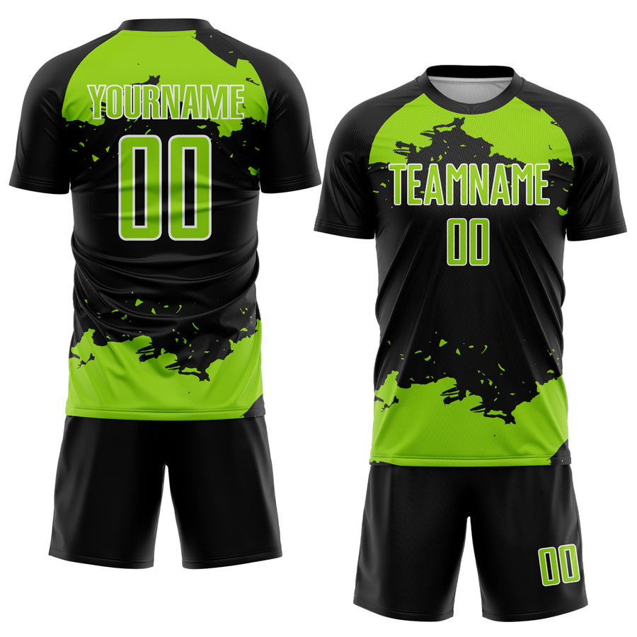 Custom Black Neon Green-White Abstract Fragment Art Sublimation Soccer Uniform Jersey