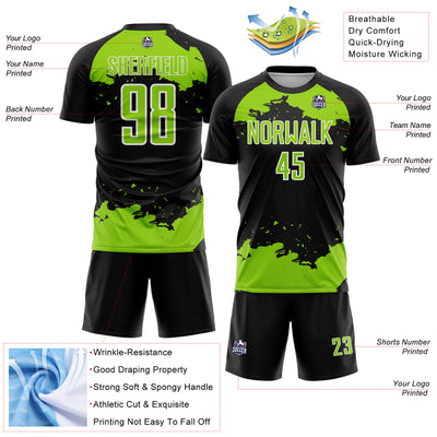 Custom Black Neon Green-White Abstract Fragment Art Sublimation Soccer Uniform Jersey