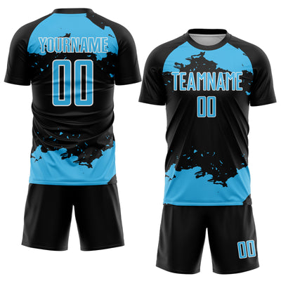 Custom Black Sky Blue-White Abstract Fragment Art Sublimation Soccer Uniform Jersey