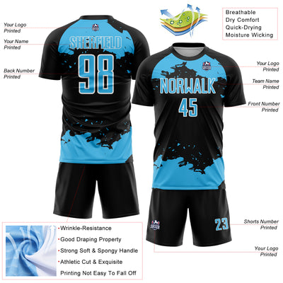 Custom Black Sky Blue-White Abstract Fragment Art Sublimation Soccer Uniform Jersey