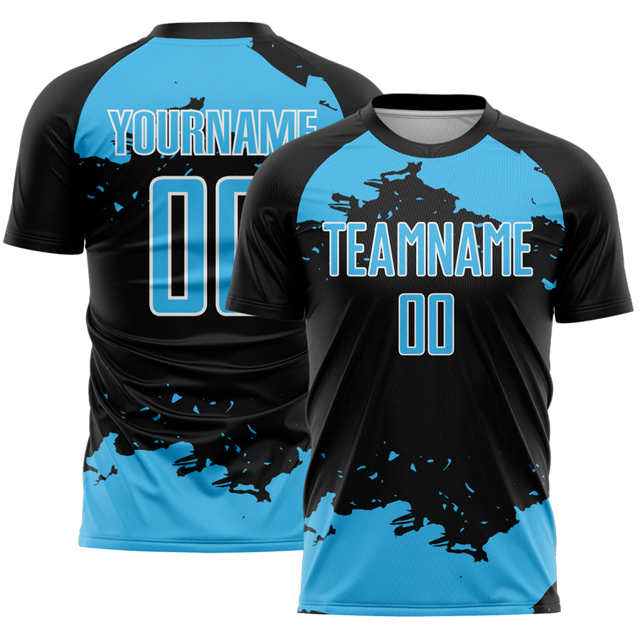 Custom Black Sky Blue-White Abstract Fragment Art Sublimation Soccer Uniform Jersey