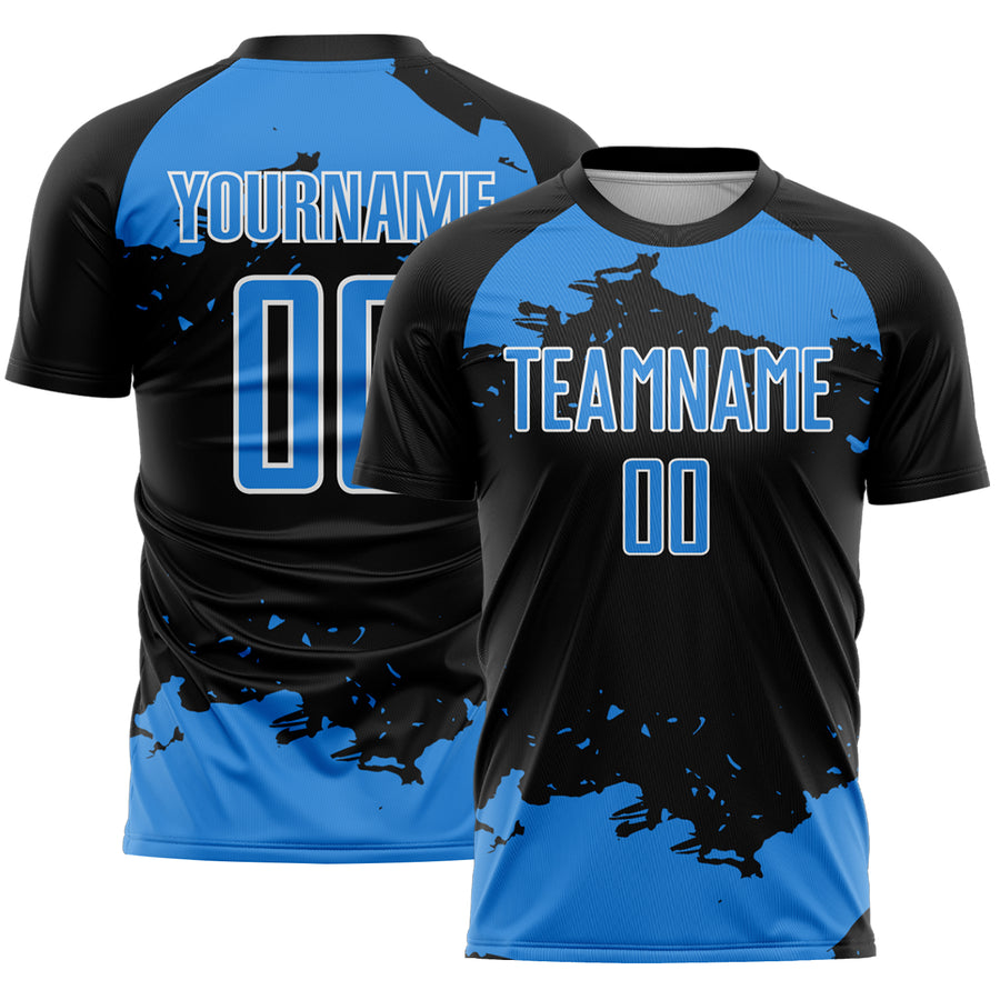 Custom Black Powder Blue-White Abstract Fragment Art Sublimation Soccer Uniform Jersey