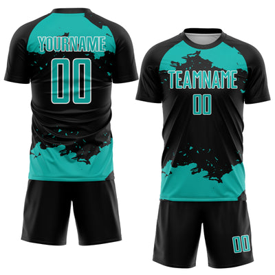 Custom Black Aqua-White Abstract Fragment Art Sublimation Soccer Uniform Jersey