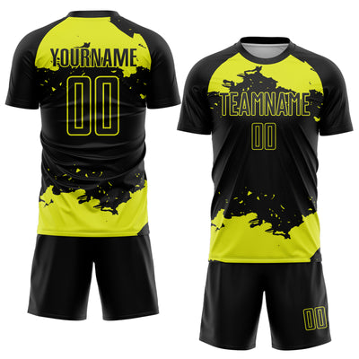 Custom Black Neon Yellow Abstract Fragment Art Sublimation Soccer Uniform Jersey