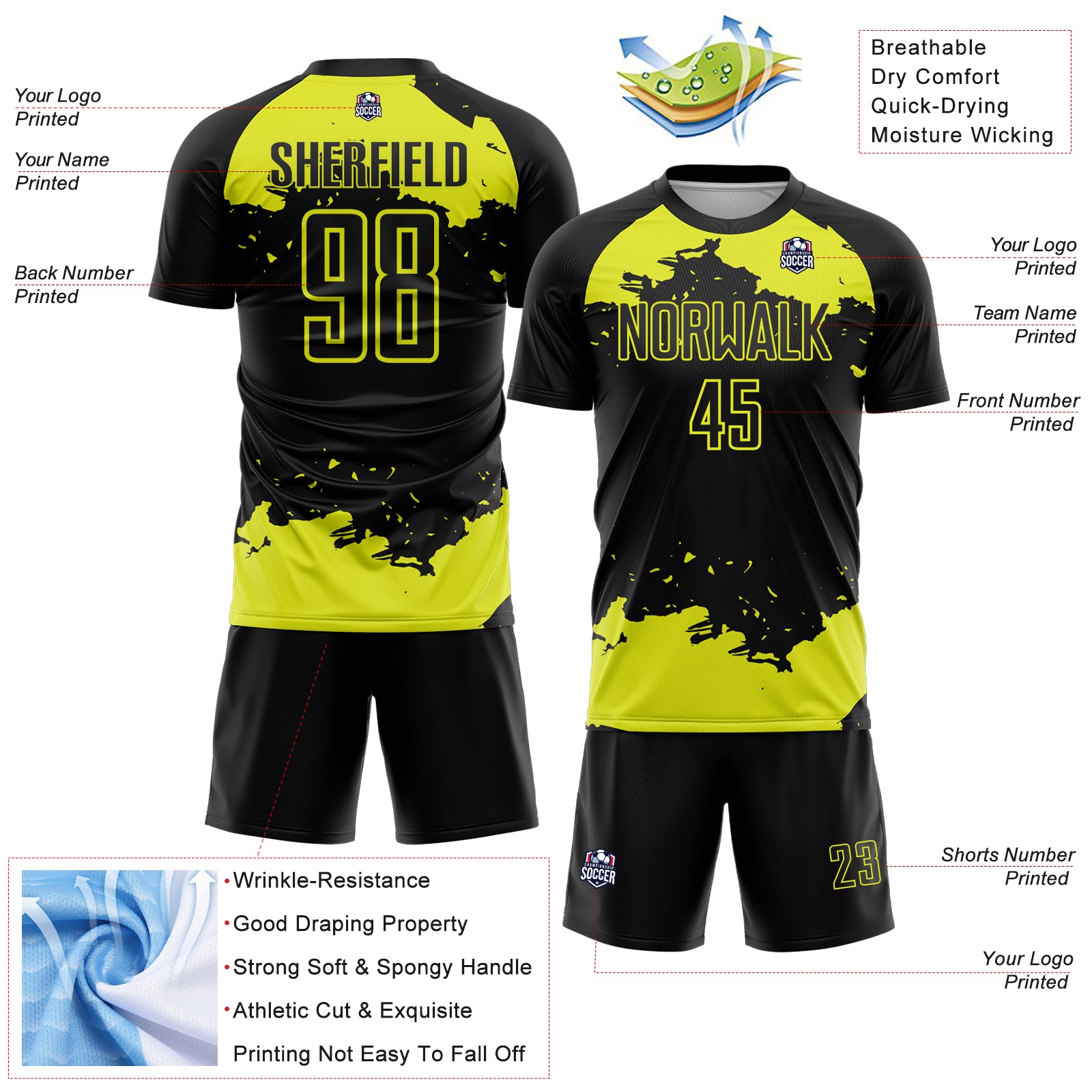 Custom Black Neon Yellow Abstract Fragment Art Sublimation Soccer Uniform Jersey