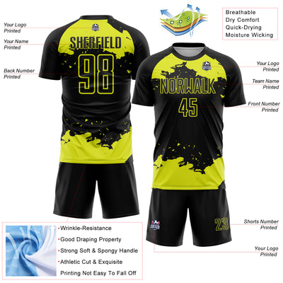 Custom Black Neon Yellow Abstract Fragment Art Sublimation Soccer Uniform Jersey