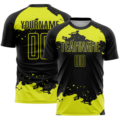 Custom Black Neon Yellow Abstract Fragment Art Sublimation Soccer Uniform Jersey