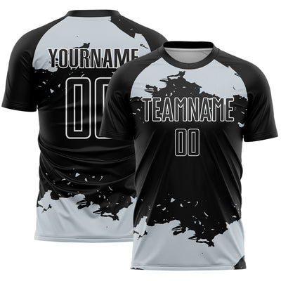 Custom Black Silver-White Abstract Fragment Art Sublimation Soccer Uniform Jersey