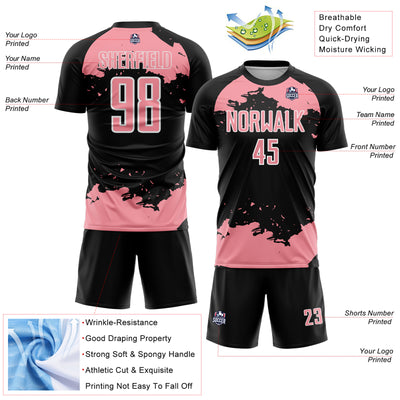 Custom Black Medium Pink-White Abstract Fragment Art Sublimation Soccer Uniform Jersey