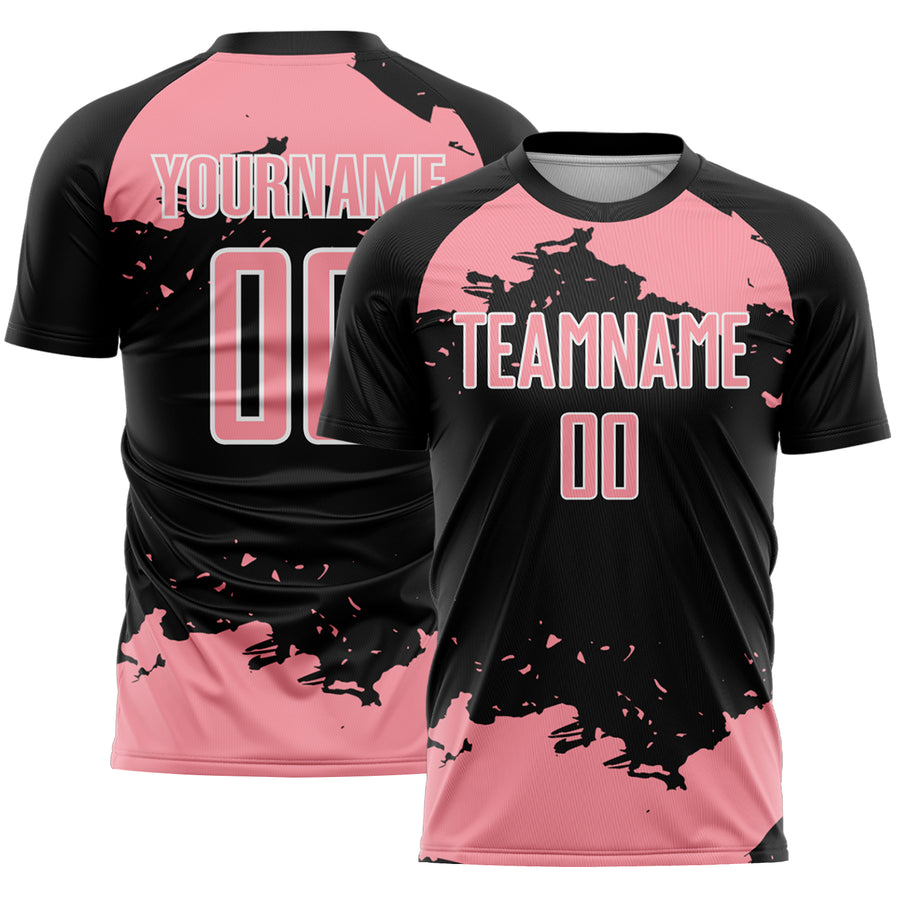 Custom Black Medium Pink-White Abstract Fragment Art Sublimation Soccer Uniform Jersey
