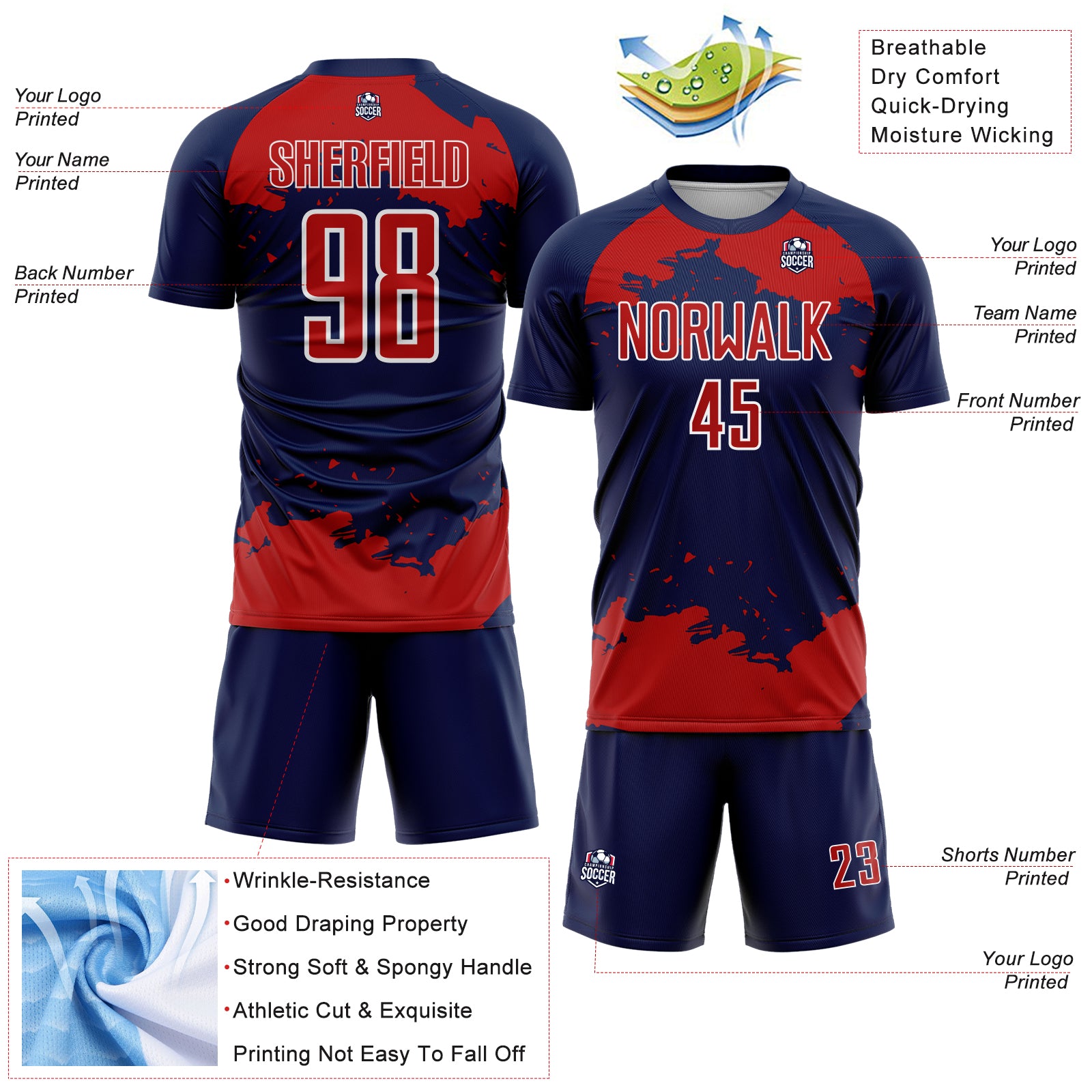 Custom Navy Red-White Abstract Fragment Art Sublimation Soccer Uniform Jersey