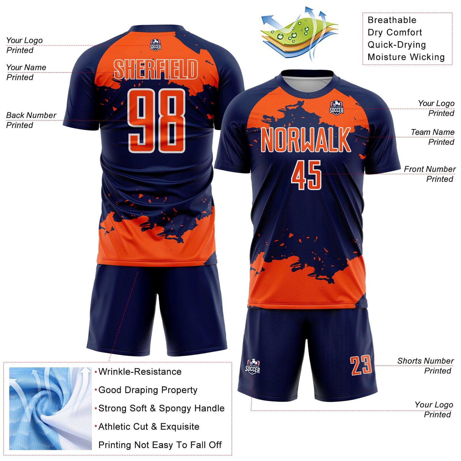 Custom Navy Orange-White Abstract Fragment Art Sublimation Soccer Uniform Jersey
