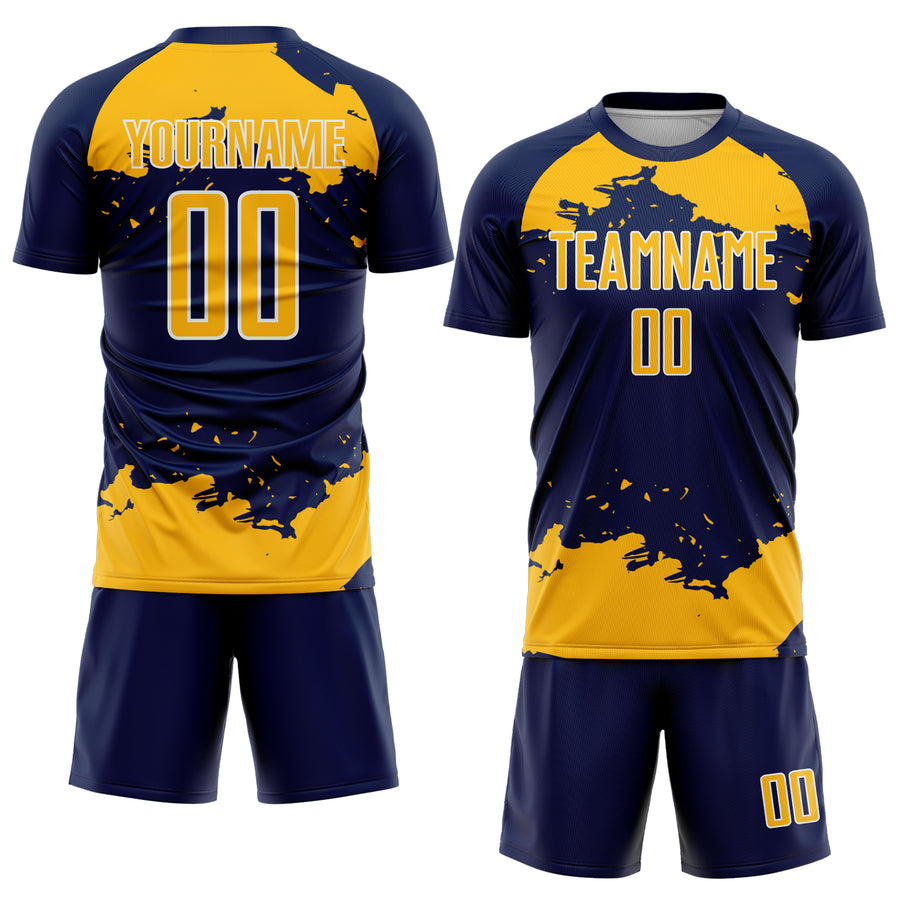 Custom Navy Gold-White Abstract Fragment Art Sublimation Soccer Uniform Jersey