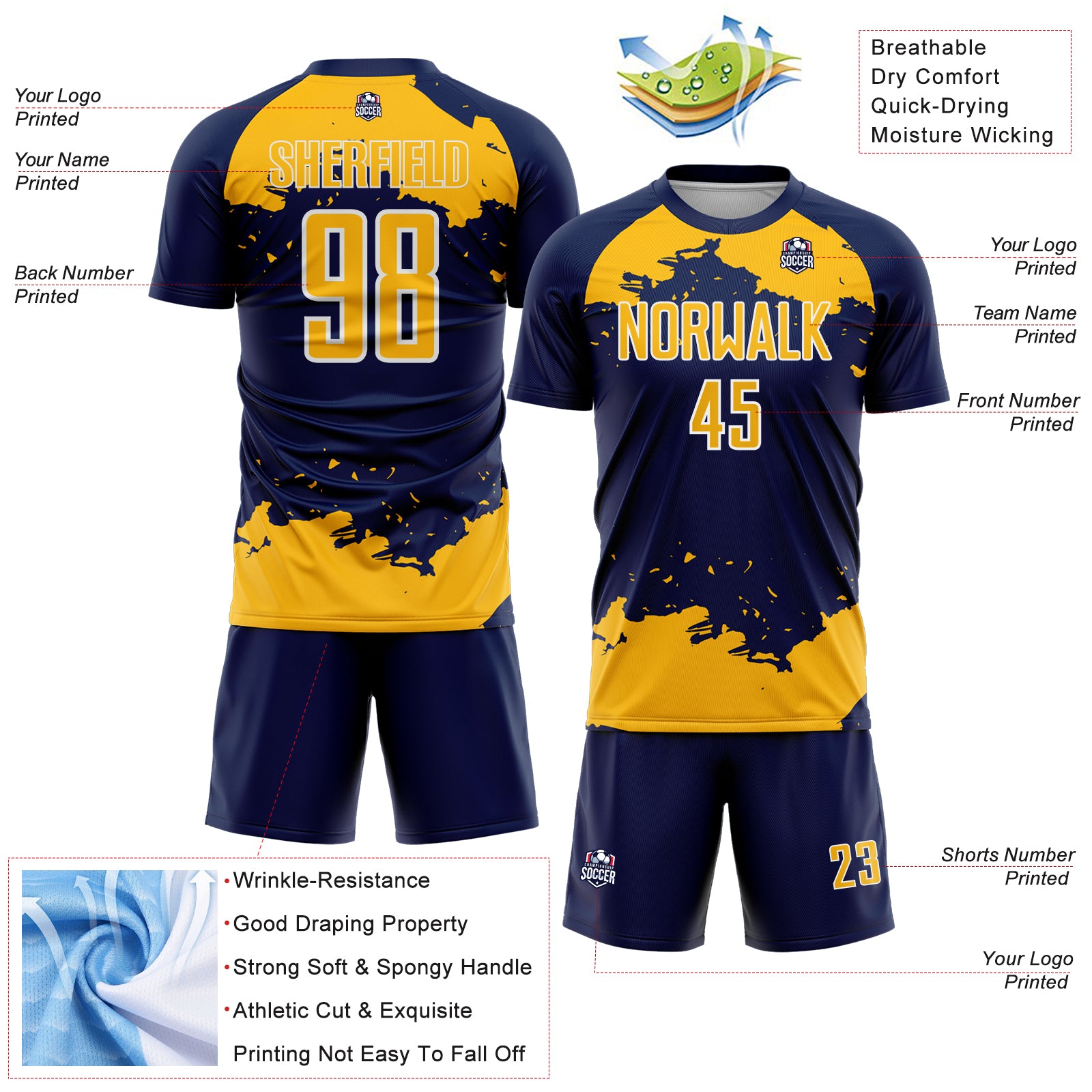 Custom Navy Gold-White Abstract Fragment Art Sublimation Soccer Uniform Jersey