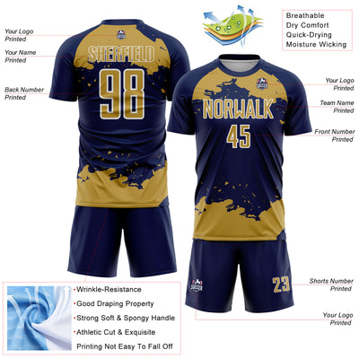 Custom Navy Old Gold-White Abstract Fragment Art Sublimation Soccer Uniform Jersey