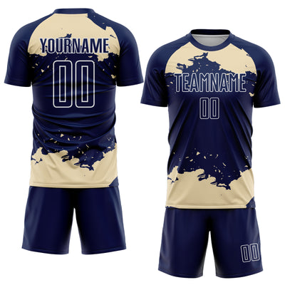 Custom Navy Cream-White Abstract Fragment Art Sublimation Soccer Uniform Jersey