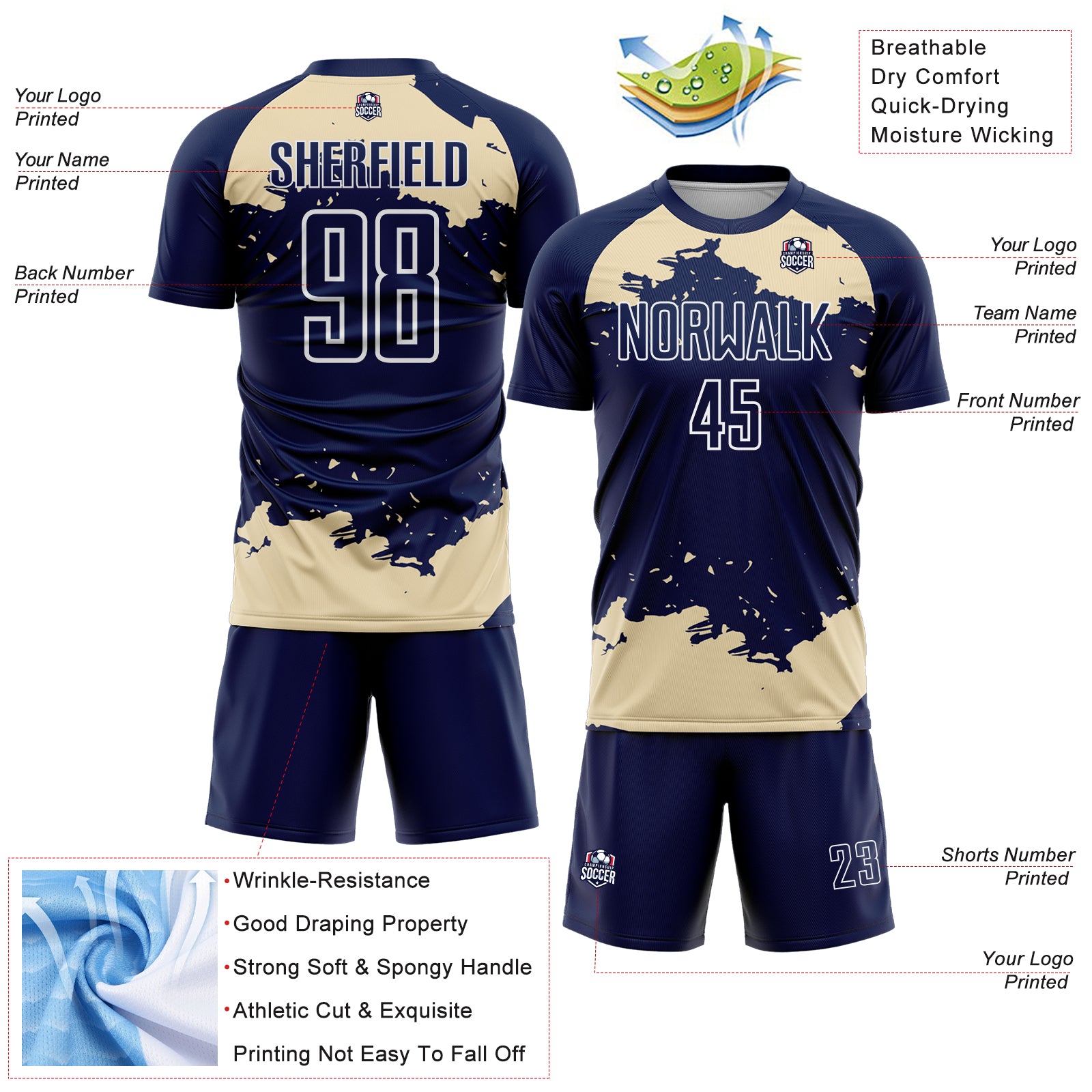Custom Navy Cream-White Abstract Fragment Art Sublimation Soccer Uniform Jersey