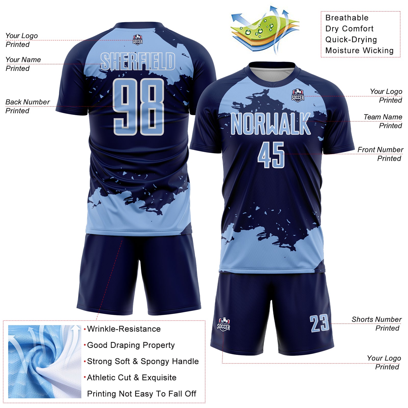Custom Navy Light Blue-White Abstract Fragment Art Sublimation Soccer Uniform Jersey
